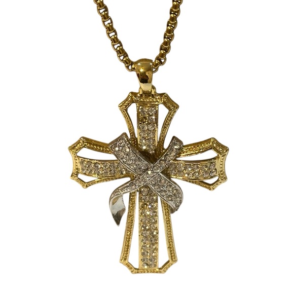 CROSS Large 3.25" Gold Tone Crystal Cross Necklace – Lightweight Statement Piece - Picture 3 of 12